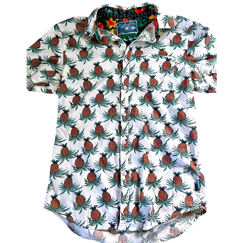 Men's Huntington Beach Short Sleeve‎ Button-up Shirt Palms And Pineapple Sz M